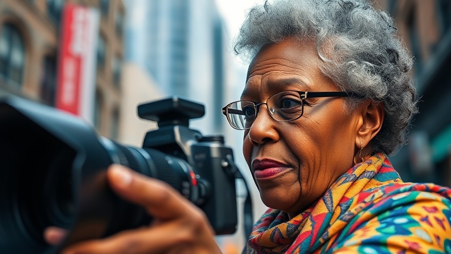 62ish African American woman engaging with her camera, promoting mental health in retirement.