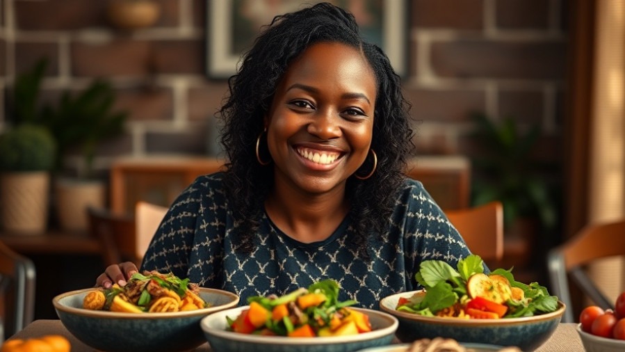 Smiling Black woman enjoying cozy plant-based recipes in a warm dining room.