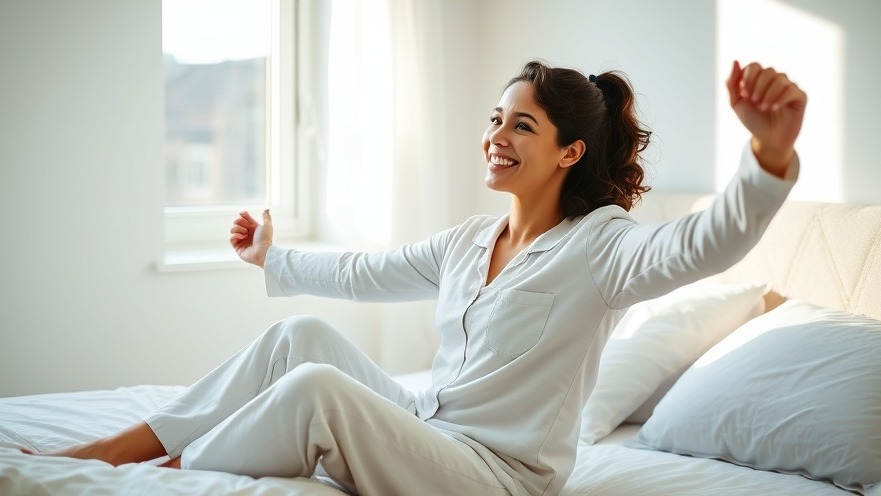 Smiling woman doing morning mobility exercises on her bed in soft sunlight.
