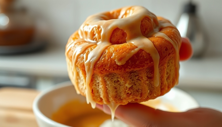 Close-up of vegan honey bun dripping icing.
