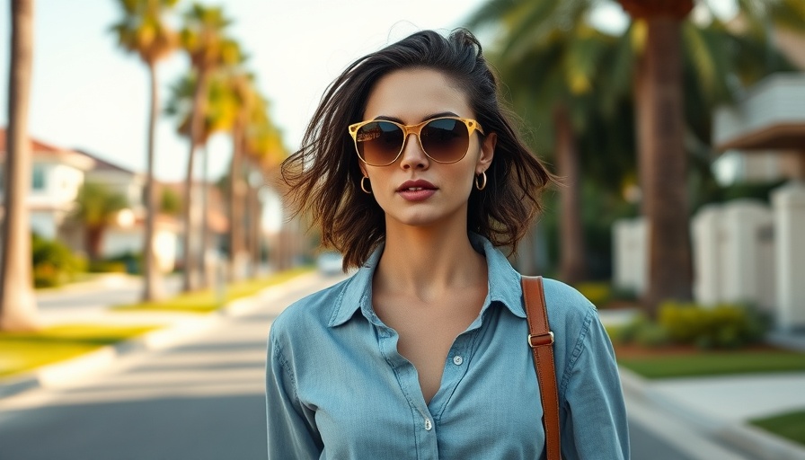 Confident woman walking boldly on a palm-lined street.