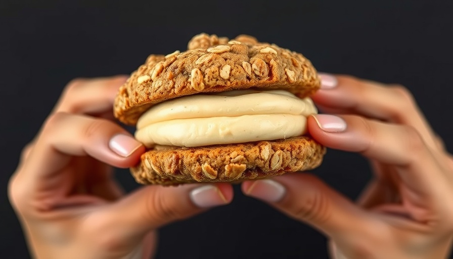 Homemade vegan oatmeal creme pie held in hands with creamy filling.