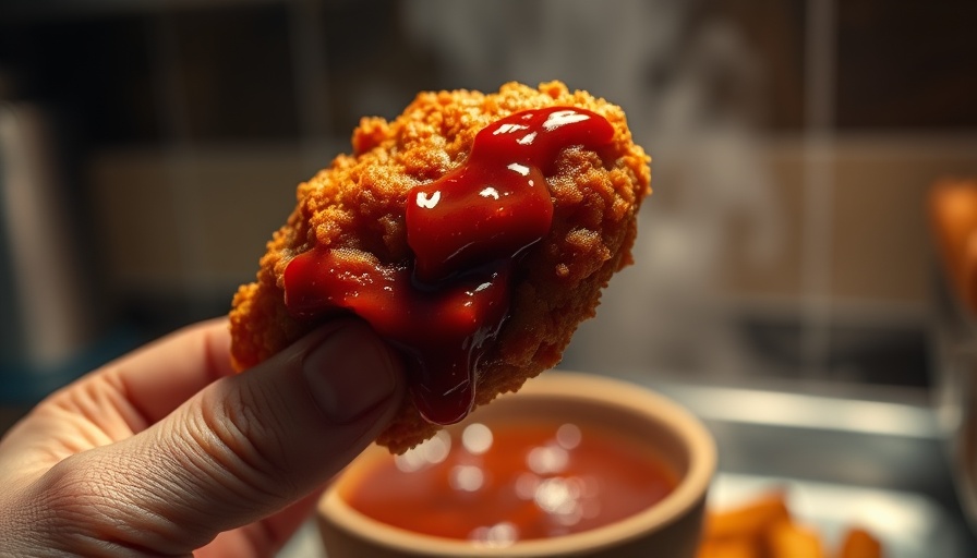 Crispy vegan chicken nugget dipped in barbecue sauce in kitchen.