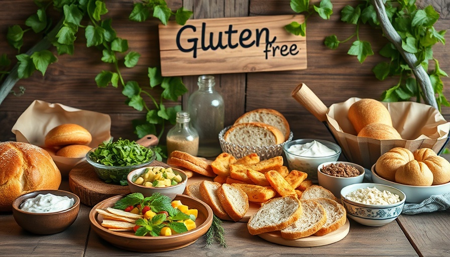 Gluten-Free dining setup with diverse foods under a 'Gluten Free' sign.