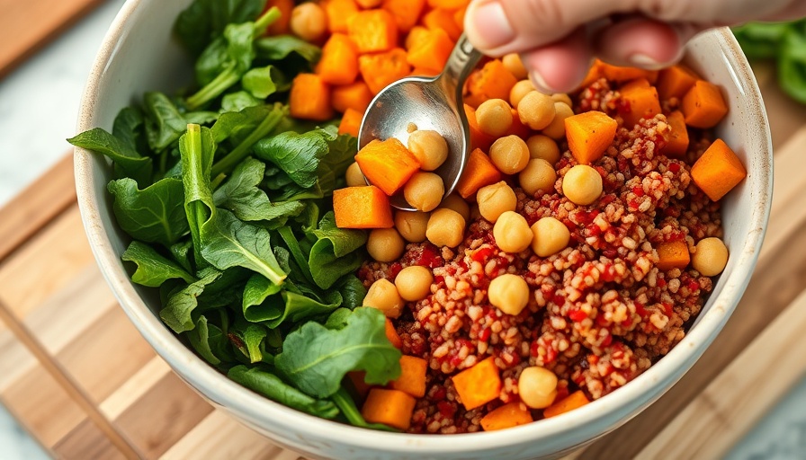 Healthy bowl with spinach, sweet potatoes, quinoa, and chickpeas to improve gut health with food.