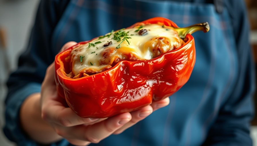 Delicious vegan stuffed pepper with melted cheese and herbs.