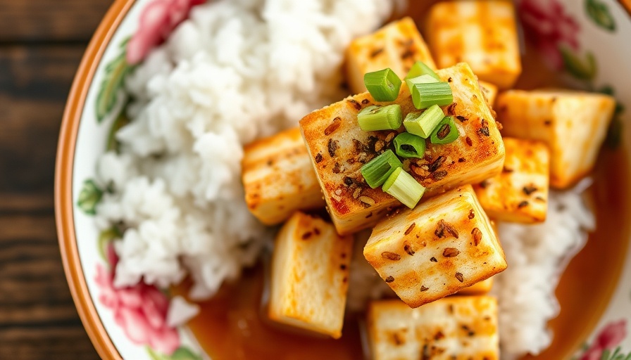 Delicious tofu bowl with furikake and rice in floral dish.
