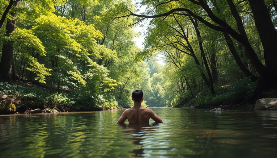 Relaxed man in stream in lush Japanese forest, Wellness Travel in Japan.
