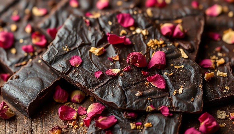 Delectable rose dark chocolate bark with golden sprinkles.