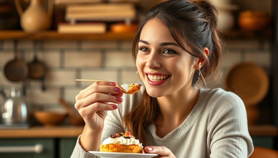 Smiling woman holds dessert in rustic kitchen, enjoying sweet treat.