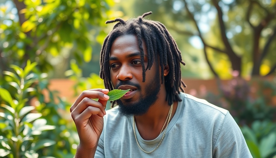 Leaf-of-Life plant health benefits: Man eating a leaf in a garden.