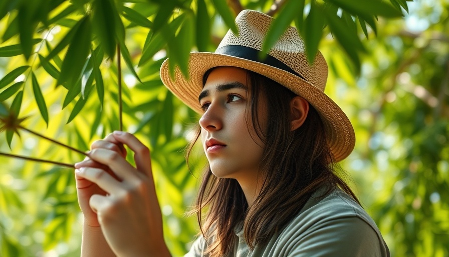 Young man examining a moringa tree for health benefits