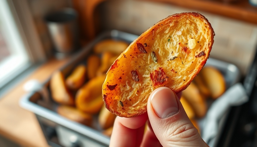 Close-up of seasoned baked potato wedge in hand.