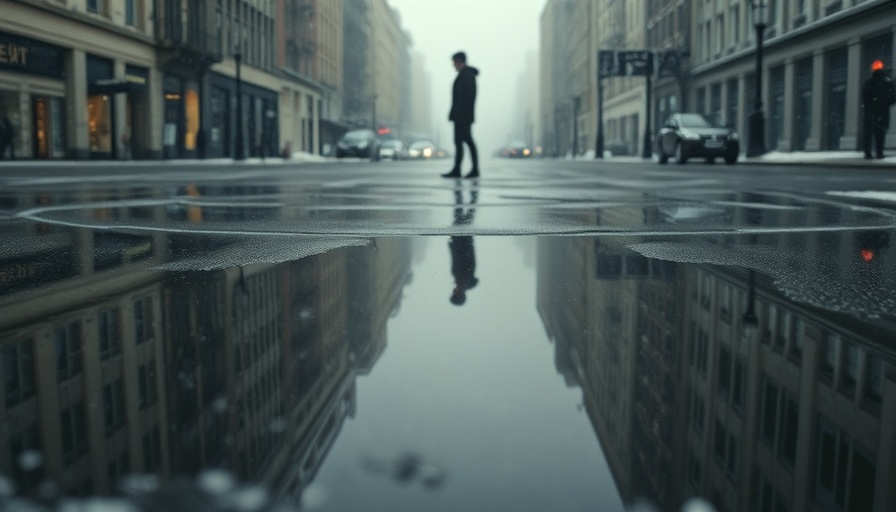 Reflection of a person in a puddle on a snowy day, walking alone.