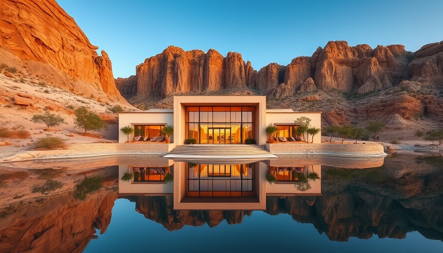 Elegant desert spa resort entrance with rocky cliffs at dusk.