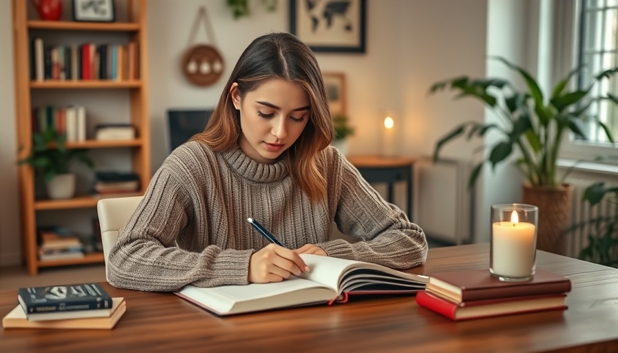 Cozy fall wellness routine journaling setup with candle and books.