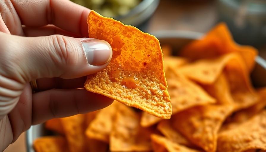 Close-up of a vegan spicy Dorito chip held over a bowl.