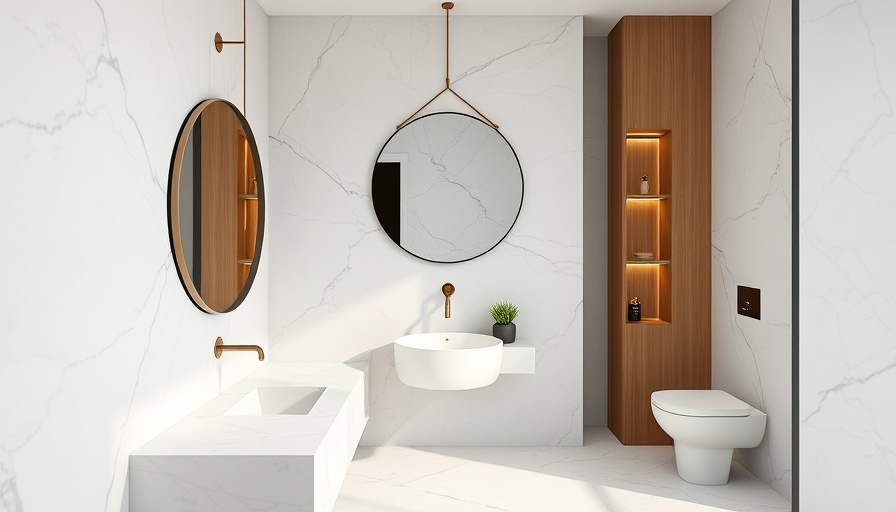 Luxurious powder bath design with marble and modern accents.