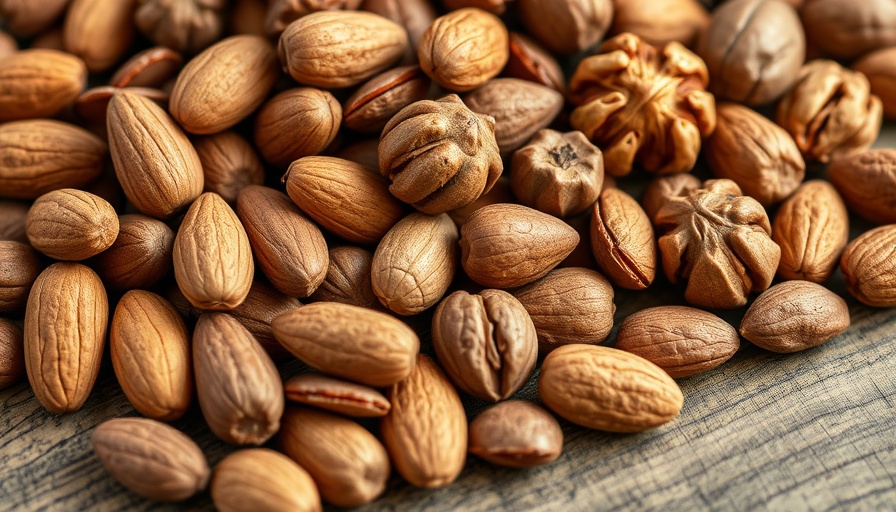 Close-up of assorted nuts on wooden surface under natural lighting.