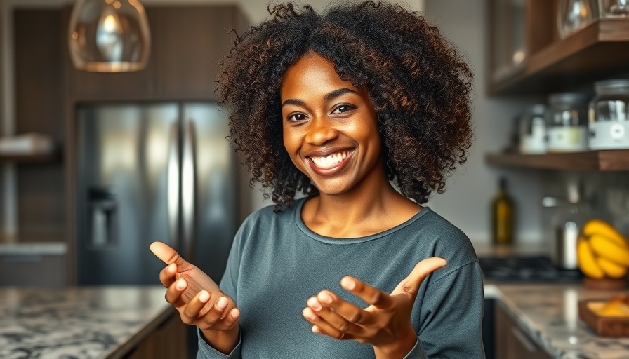 Smiling woman explaining fermentation in kitchen, highlighting natural hair growth.