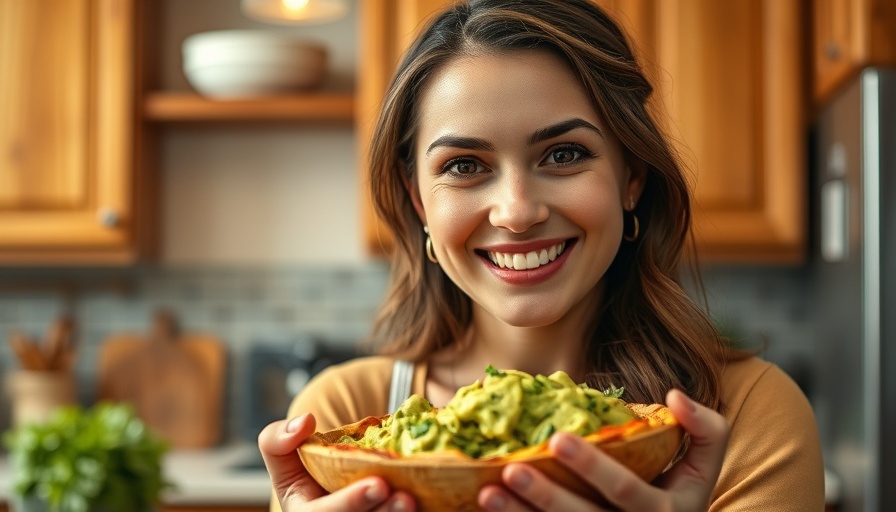 Woman holding guacamole in a cozy kitchen, wearing red.