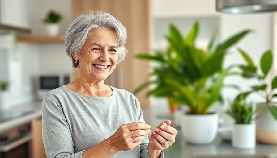 Middle-aged woman with supplements in modern kitchen, best menopause supplements 2025.