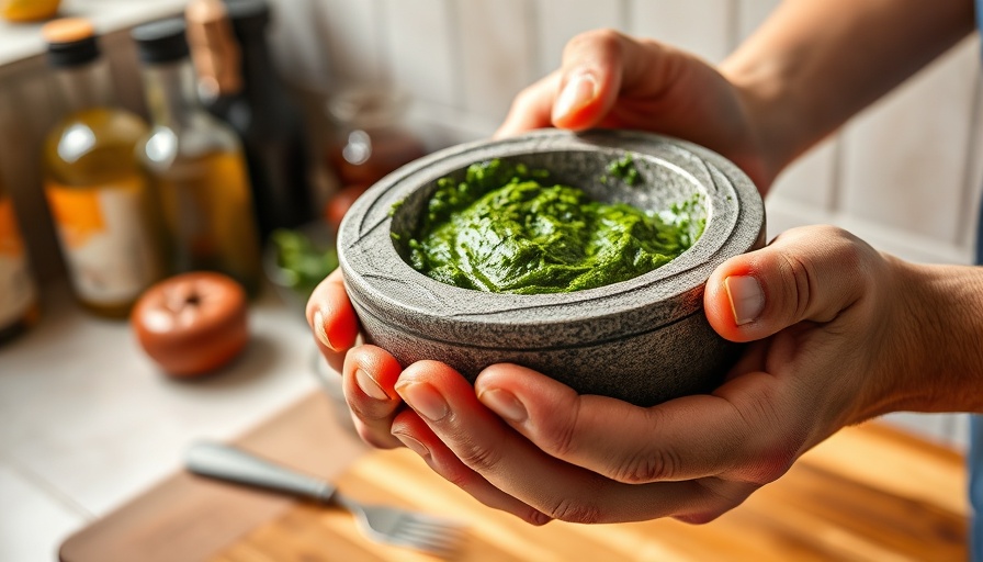 Fresh veggie paste in mortar as part of fruit and veggie cleanse.