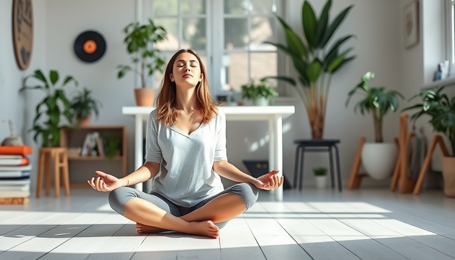 Relaxed woman meditating in home office for daily wellness tips.