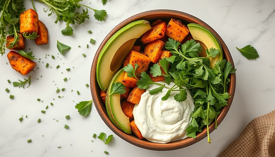 Rustic bowl with sweet potatoes and avocado, fall recipe.