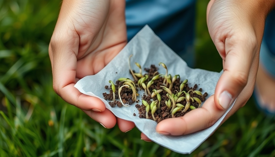 Free gardening guide: hands examining sprouted seeds on grass.