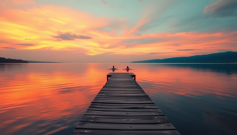 Serene sunset over lake with swimmers, perfect for a wellness vacation in Finland.