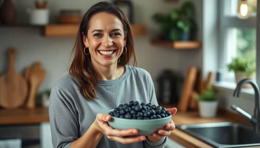 Woman in kitchen sharing blueberry benefits for mental health.