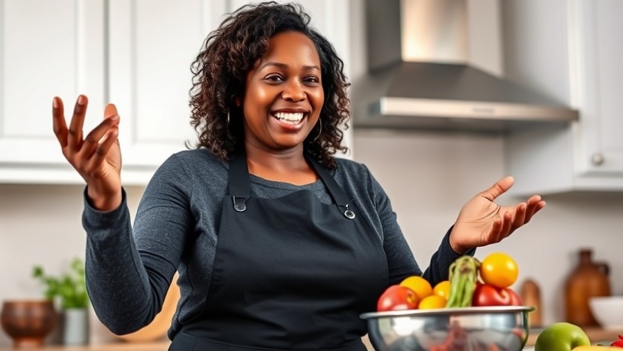 Energetic Black woman promoting clean eating and detoxification in a bright kitchen.