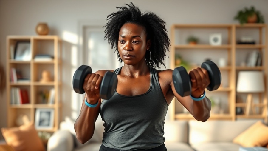 Focused Black woman building muscle with dumbbells in a minimalist modern living room.
