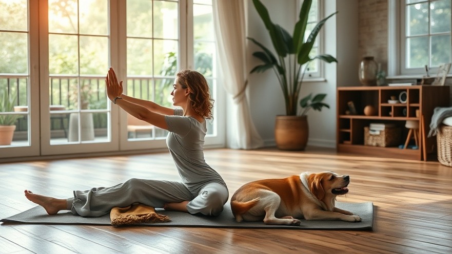 Woman practicing yoga after travel, enjoying mindfulness in a cozy, green living room.