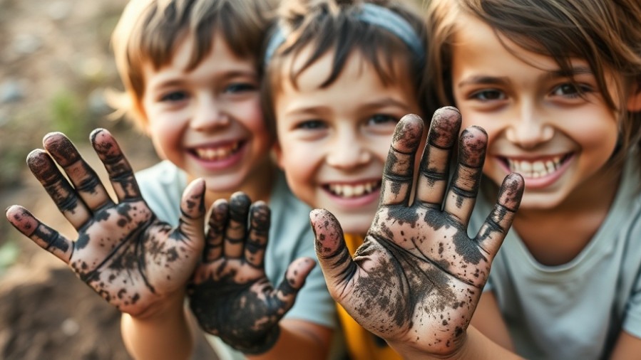 Smiling children play outdoors with muddy hands, celebrating childhood health.