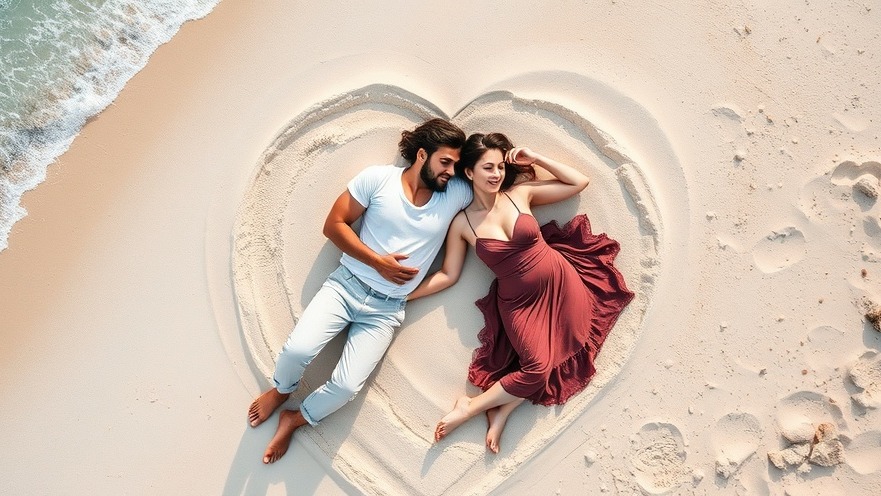 Couple enjoying short getaways on a tropical beach, lying in a sand heart.