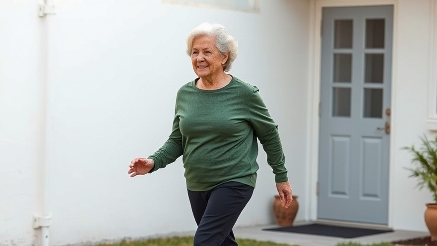 Active senior woman enjoying a walking workout outside for seniors fitness.