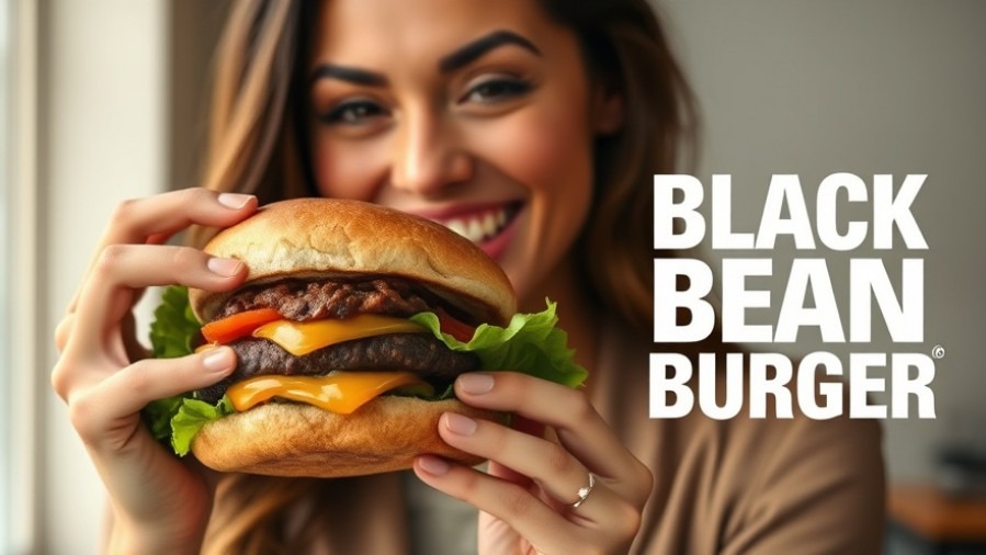 Excited woman bites into a delicious black bean burger, showcasing a plant-based diet.