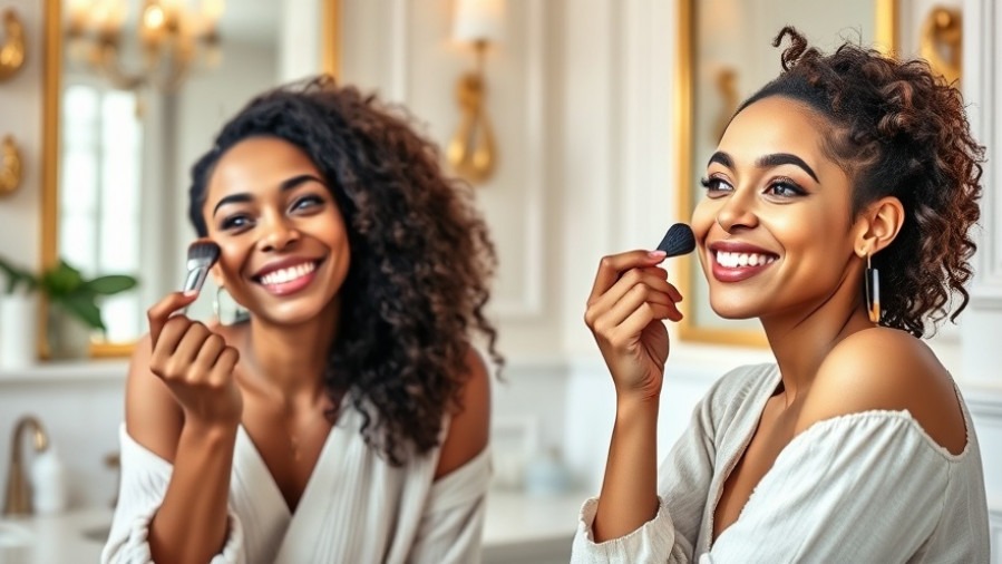 Two women joyfully applying affordable beauty staples in an elegant bathroom.