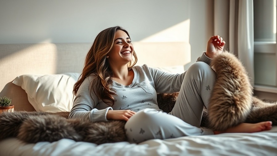 Cheerful woman in cozy pajamas enjoys winter wellness rituals in a serene bedroom.