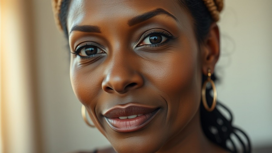 Beautiful Black woman in her 40s showcasing minimal makeup and healthy skin journey.