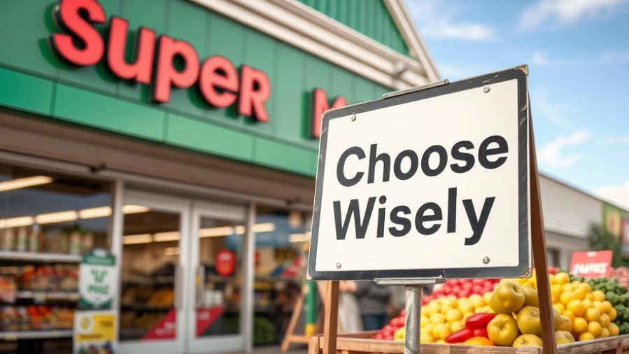 Sign outside a supermarket reading 'Choose Wisely' for mindful living and self-care.