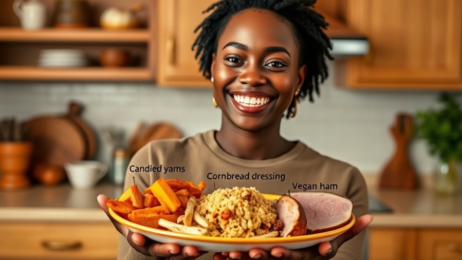 Cheerful Black individual with vibrant plant-based Thanksgiving dishes in a cozy kitchen.