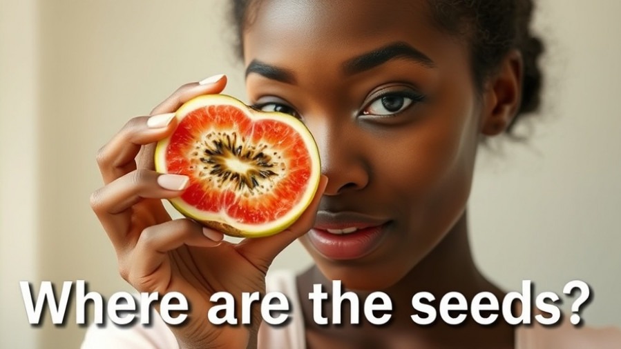 Young Black woman curiously examining a seedless fruit, highlighting the debate on seeded vs seedless fruits.
