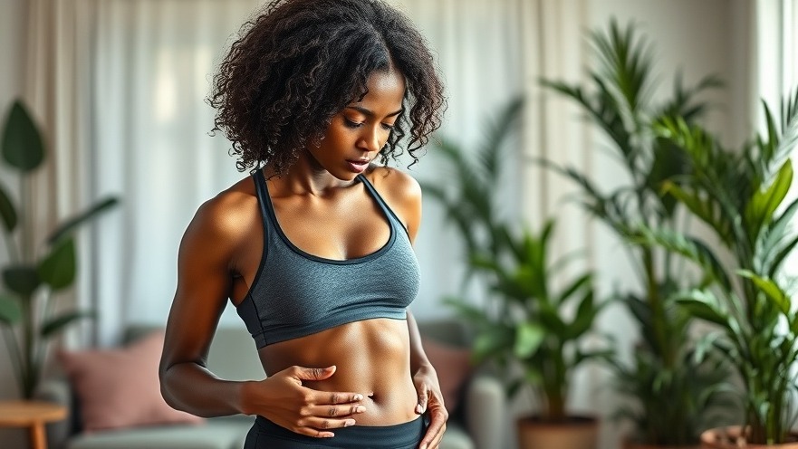 Athletic Black woman examining her flat stomach; core exercises for a fitness journey.