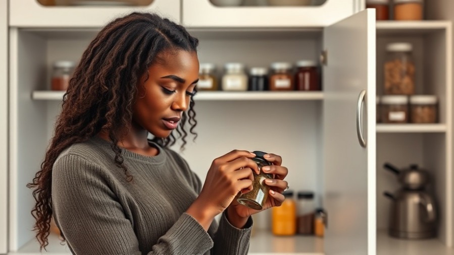 A Black woman organizes spices, highlighting black pepper nutrition in a modern kitchen.
