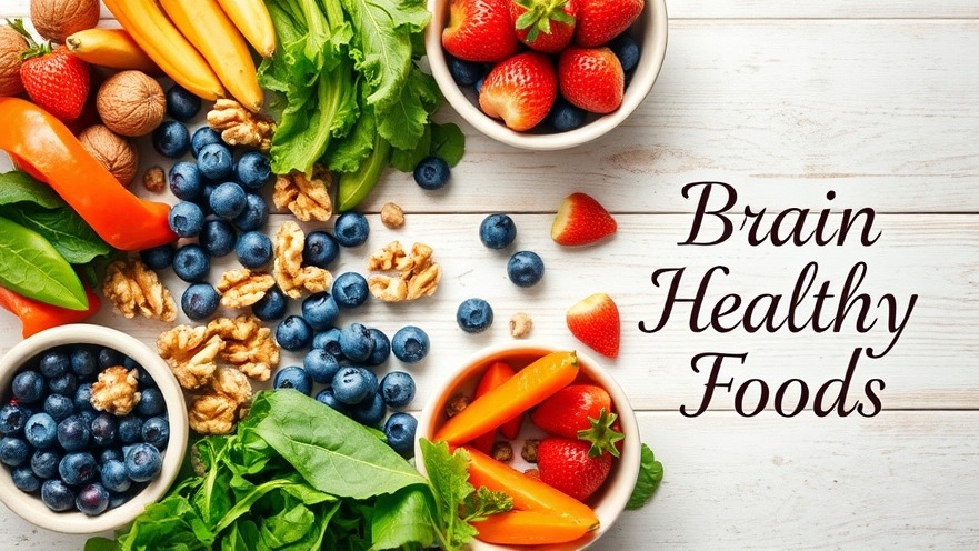 Vibrant overhead view of brain-boosting healthy foods like blueberries and walnuts.