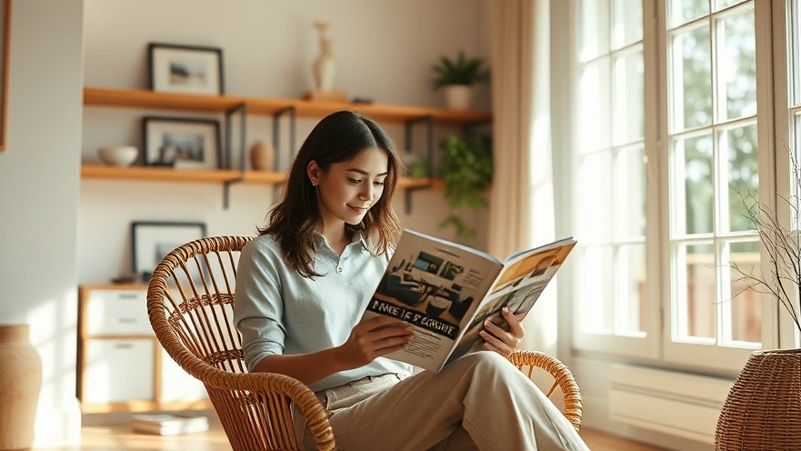 Stylish woman in rattan chair exploring interior design trends in a calming, airy room.