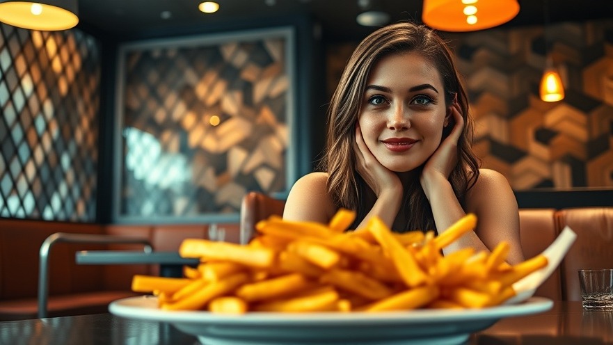 Young woman in a restaurant enjoying fries, highlighting junk food effects on eating habits.